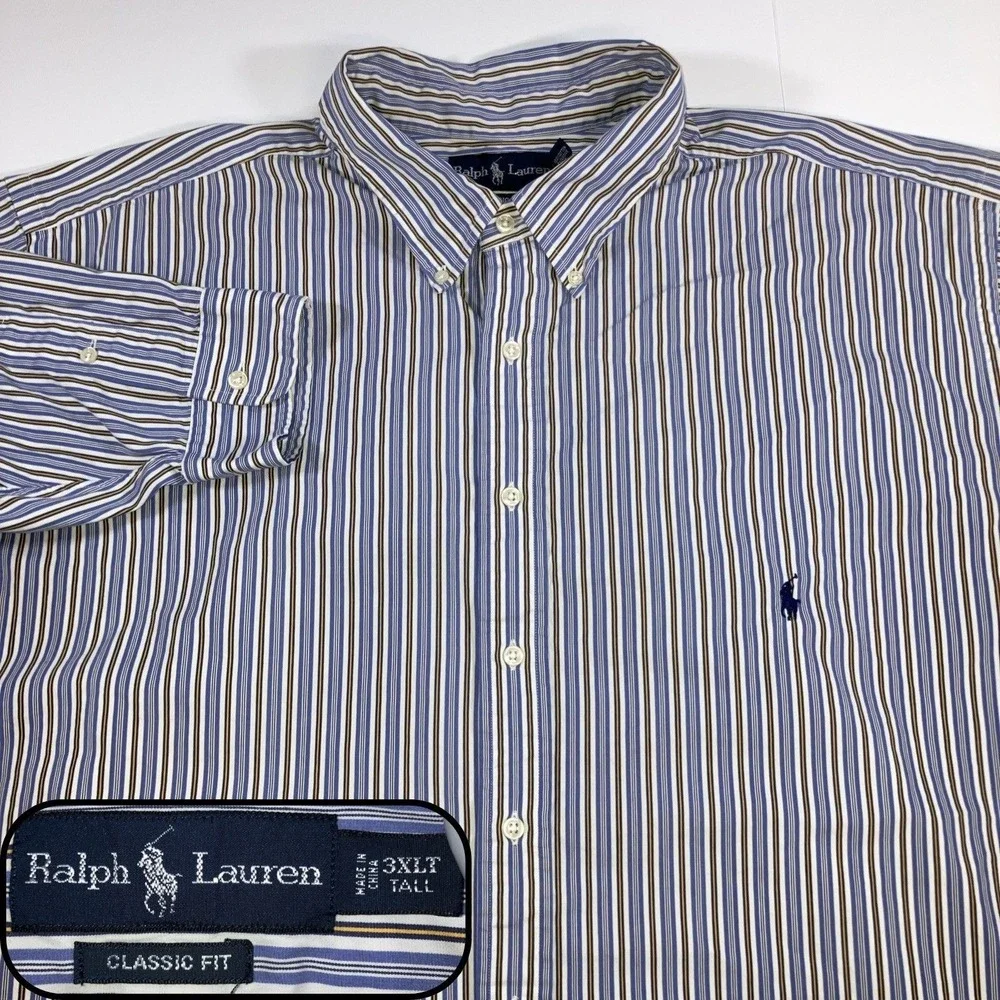 Polo Ralph Lauren Shirt Mens 3XLT‎ Tall Blue Yellow Stripe Button Down *Flaws